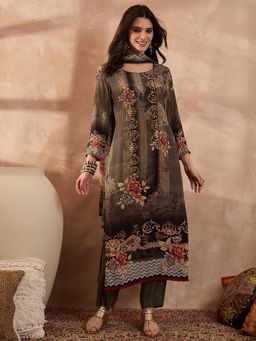 Vaamsi - Green Floral Three Fourth Sleeves Kurta Pant with Dupatta