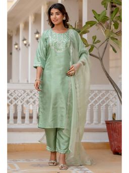 VredeVogel - Green Embroidered Three Fourth Sleeves Kurta Pant with Dupatta