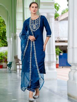 VredeVogel - Blue Embroidered Three Fourth Sleeves Kurta Pant with Dupatta