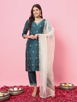 VredeVogel - Teal Embroidered Three Fourth Sleeves Kurta Pant with Dupatta