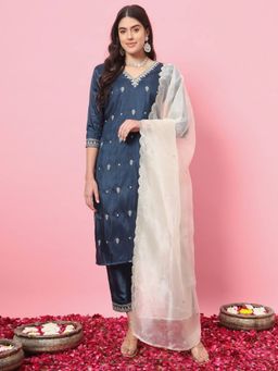 VredeVogel - Teal Embroidered Three Fourth Sleeves Kurta Pant with Dupatta