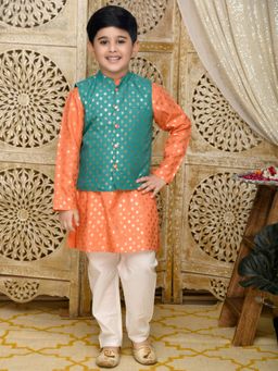 SAKA DESIGNS - Orange Gold Foil Print Kurta Jacket and Pyjama for Boys (Set of 3)
