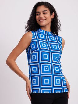 FableStreet - Geometric Print High Neck Top Blue