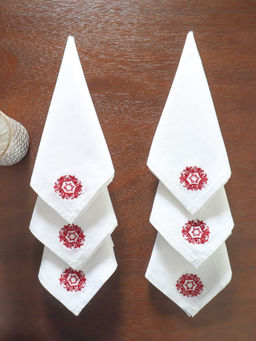 Zeba World - Napkins Motif Embroidered - White Red, Set of 6