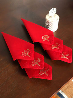 Zeba World - Napkins Leaf Embroidered - Red Gold, Set of 6