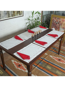 Zeba World - Table Mats Napkins Embroidered - Red White, Set of 12