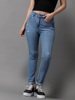 SHOWOFFFF - Womens High-rise Blue Low Distress Jeans