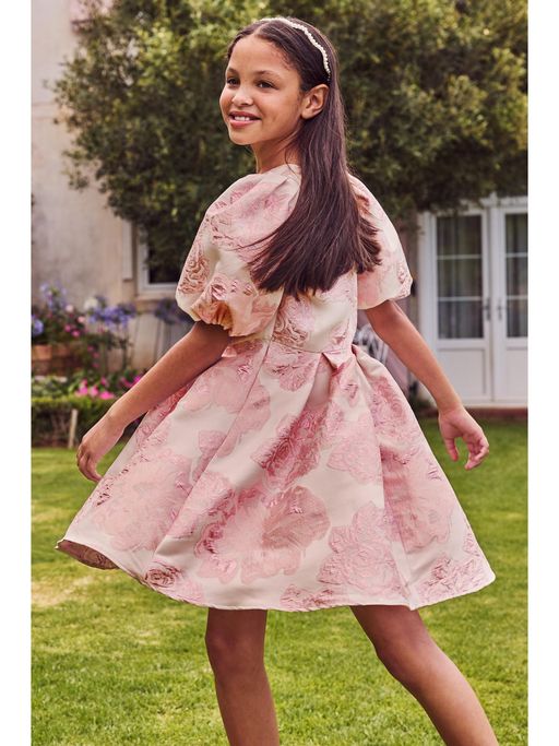 Buy Lipsy Pink Puff Sleeve Jacquard Dress Online