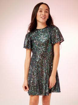 Lipsy - Blue Sequin Puff Sleeve Cut Out Dress