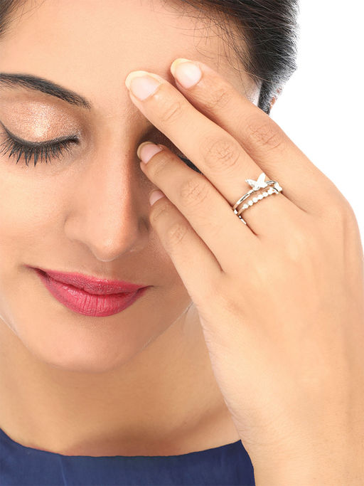 Yellow Chimes Rhodium-Plated and White CZ-Studded Adjustable Finger Ring