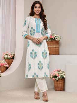 Libas - Blue Floral Printed Gotta Patti A-Line Kurta