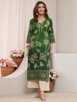 Libas - Green Floral Bandhani Printed Straight Kurta
