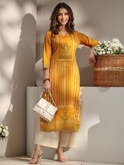 Libas - Mustard Floral Printed Straight Kurta