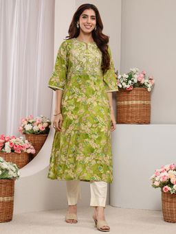 Libas - Green Floral Printed and Yoke Embroidered Straight Kurta with Pocket