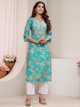 Libas - Blue Floral Printed and Yoke Embroidered Straight Kurta with Pocket
