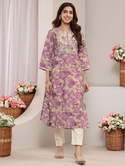 Libas - Lavender Floral Printed and Yoke Embroidered Straight Kurta with Pocket