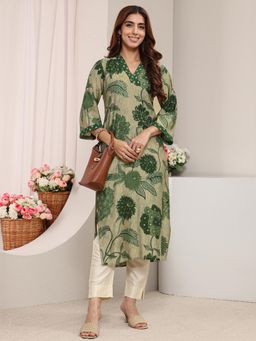 Libas - Green Floral Printed Straight Kurta with Pocket