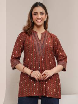 Libas - Rust Floral Printed Pleated Straight Tunic