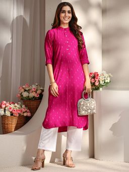Libas - Pink Geometric Zari Woven Design Straight Kurta with Pocket and Roll Up Sleeves