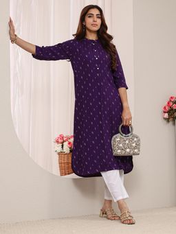 Libas - Purple Geometric Zari Woven Design Straight Kurta with Pocket and Roll Up Sleeves