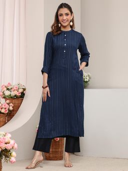 Libas - Blue Striped Zari Woven Design Straight Kurta with Pocket and Roll Up Sleeves