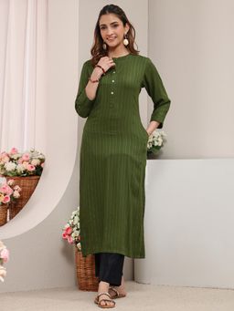 Libas - Green Striped Zari Woven Design Straight Kurta with Pocket and Roll Up Sleeves