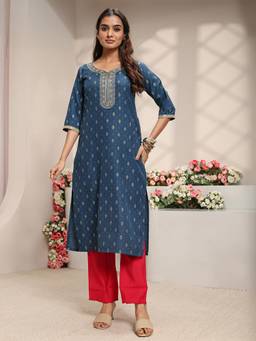 Libas - Blue Ethnic Motifs Zari Printed Straight Kurta with Pocket