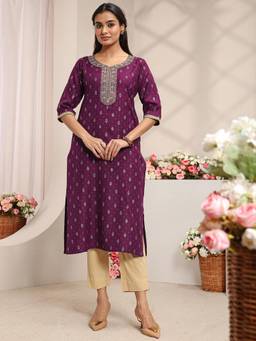 Libas - Burgundy Ethnic Motifs Zari Printed Straight Kurta with Pocket