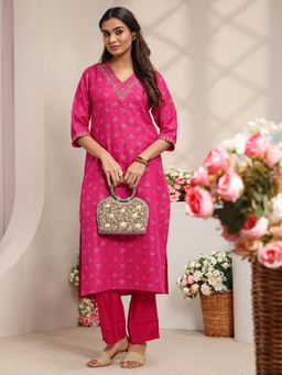 Libas - Pink Ethnic Motifs Zari Printed Straight Kurta with Pocket