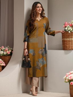 Libas - Mustard Floral Printed Straight Kurta