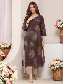 Libas - Taupe Floral Printed Straight Kurta