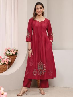 Libas - Red Floral Embroidered Pintuck A-Line Kurta with Pocket