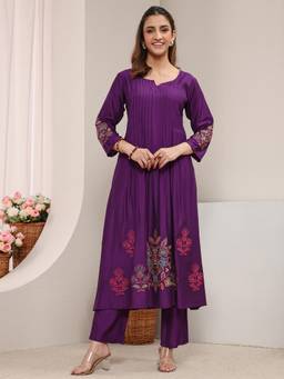 Libas - Purple Floral Embroidered Pintuck A-Line Kurta with Pocket