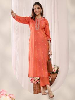 Libas - Orange Zari Embellished Straight Kurta