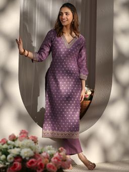 Libas - Mauve Ethnic Motif Zari Woven Design Straight Kurta with Lining