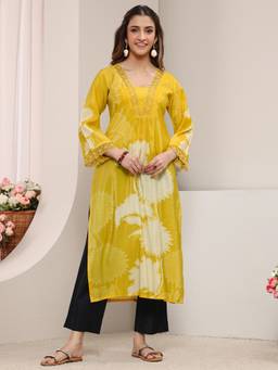 Libas - Yellow Floral Printed Front Pleats Straight Kurta