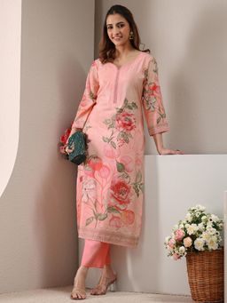 Libas - Pink Floral Printed Straight Kurta