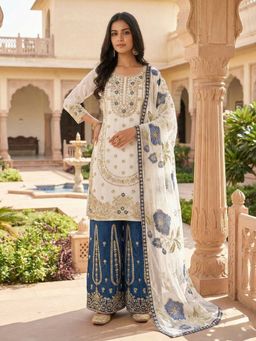 PMD FASHION - White and Blue Zari Embroidered Kurta with Palazzo and Dupatta