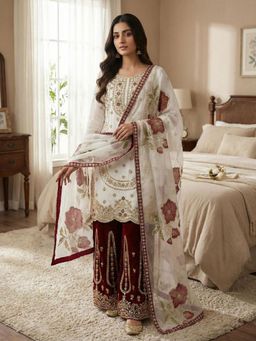 PMD FASHION - White and Maroon Zari Embroidered Kurta with Palazzo and Dupatta