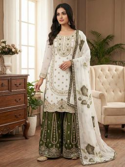 PMD FASHION - White and Mehendi Zari Embroidered Kurta with Palazzo and Dupatta