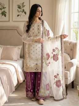 PMD FASHION - White and Purple Zari Embroidered Kurta with Palazzo and Dupatta