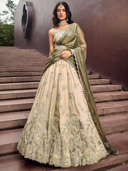 PMD FASHION - Olive Semi Stitched Embroidered Lehenga with Choli with Dupatta