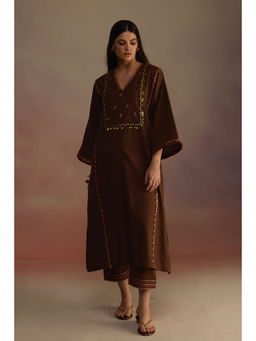 Roza - Brown Amber Embroidered Kurta with Pant (Set of 2)