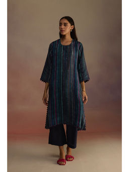 Roza - Navy Blue Awning Stripes Long Kurta with Pant (Set of 2)