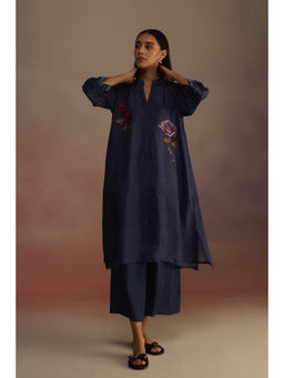 Roza - Navy Blue Clover Floral Print Kurta with Palazzo (Set of 2)