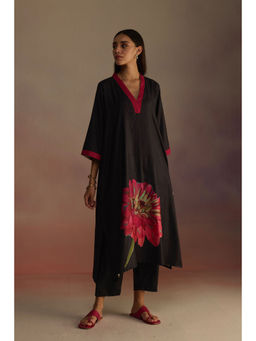 Roza - Black Woodapple Floral Print Kurta with Pant (Set of 2)