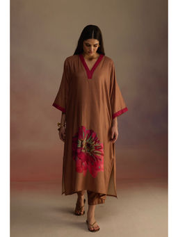 Roza - Brown Woodapple Floral Print Kurta with Pant (Set of 2)