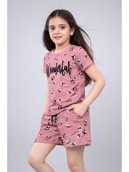 PLUM TREE - Girls Pink Printed Cotton Top and Shorts Set