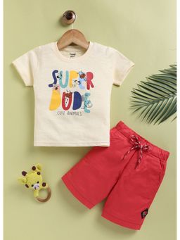 Toonyport - Boys Cream and Red Cotton Printed Shorts and T-Shirt Set
