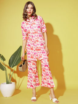 Vbuyz - Women Floral Print Cotton Pink Kurta and Pant Co-Ord (Set of 2)